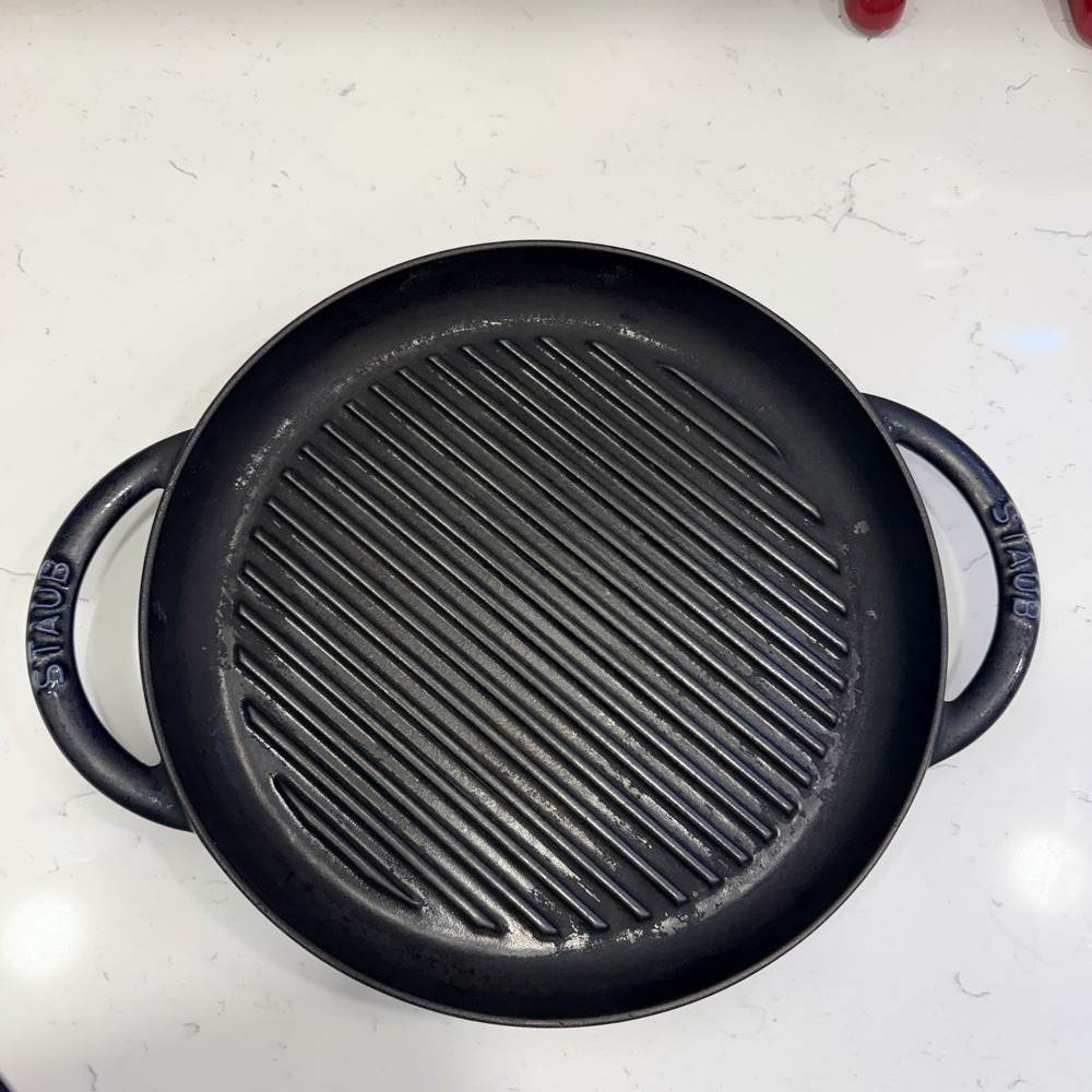 Staub Cobalt Blue 10" Round Enameled Cast Iron  Grill Pan 2 Handles